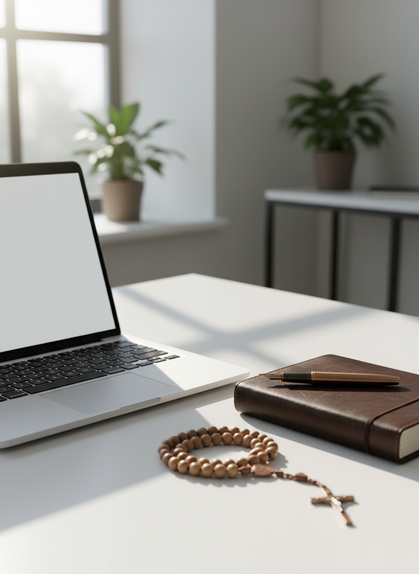 A serene writing space representing private, confidential support: a slim, silver laptop sits open on a tidy white desk, next to a closed leather journal with a fountain pen resting diagonally on top. Beside them lies a small rosary with wooden beads and a simple metal crucifix, carefully coiled. The desk is near a window with soft morning light streaming in, creating gentle highlights on the metal and subtle shadows along the journal’s textured surface. A blurred, minimal office backdrop with a few discreet plants suggests a modern, calm workspace. Photographic realism with a rule-of-thirds composition, shallow depth of field, and a quiet, focused mood that evokes telehealth sessions and written guidance rooted in Catholic values.
