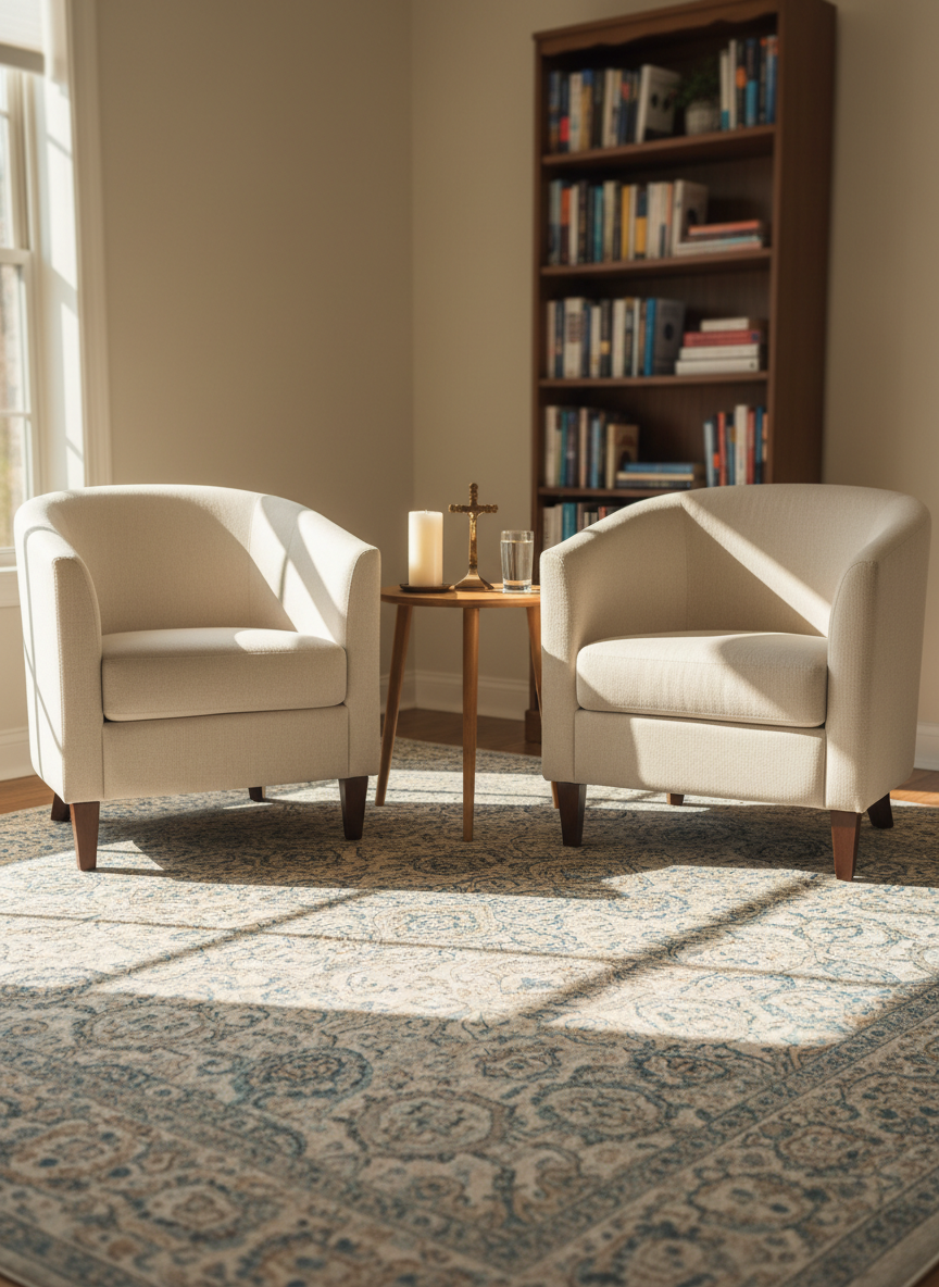 A comfortable counseling corner with a plush, ivory armchair facing an empty, matching armchair across a small round wooden table that holds a single white candle, an understated bronze cross, and a glass of water. The room has soft, neutral walls and a woven rug in muted tones of blue and beige. Late afternoon natural light filters through a nearby window, creating a warm, enveloping glow and gentle shadows that invite reflection. A bookcase in the background holds orderly rows of counseling and spiritual books, slightly out of focus. Photographic realism with a slightly elevated angle, balanced composition, and a serene, professional mood that suggests confidential, faith-informed support without showing any people.