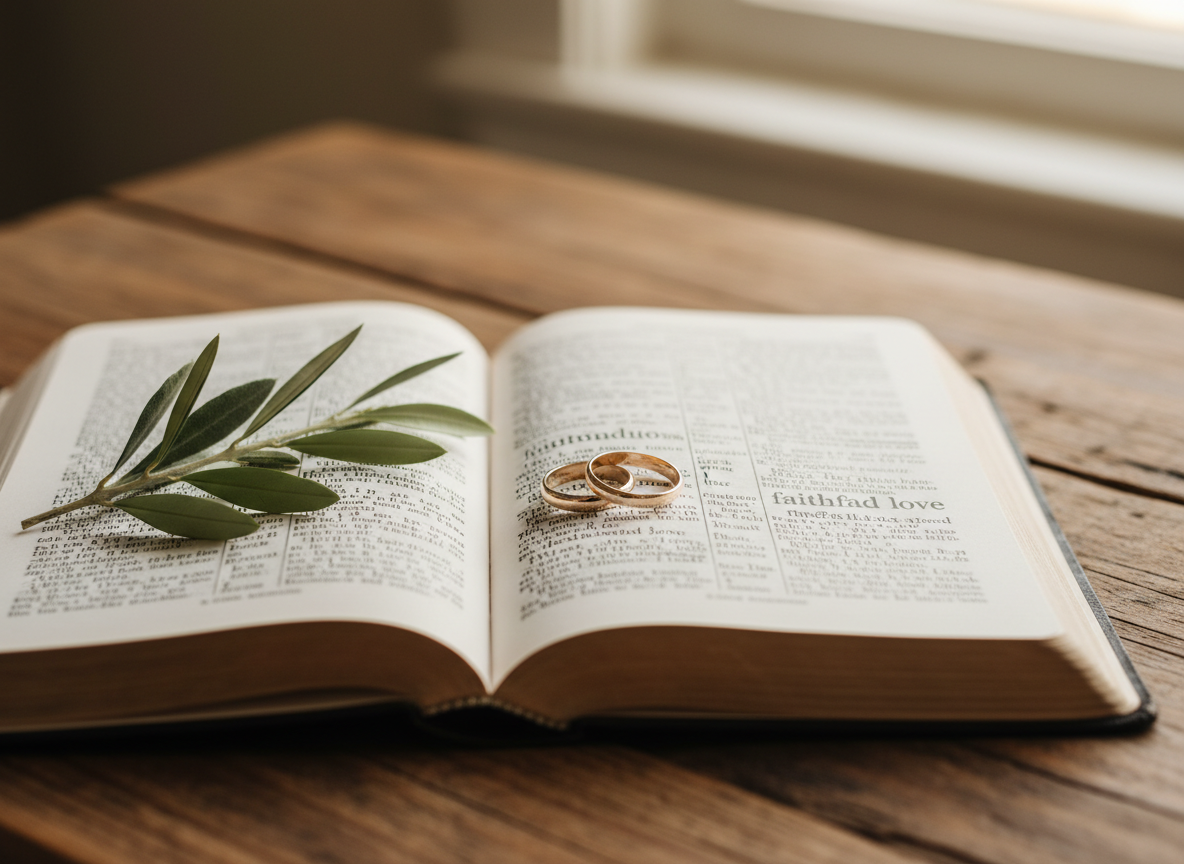 A symbolic scene of a difficult marriage bathed in hope: two simple gold wedding bands rest on an open Bible, positioned across a passage about faithfulness. A delicate olive branch is laid beside the rings, its soft green leaves contrasting with the warm gold. The Bible pages show fine text and slight age wear, resting on a rustic wooden table with visible grain. Soft, golden hour light falls from the side, creating gentle highlights on the rings and a calm, contemplative glow over the pages. Photographic realism in close-up, with extreme shallow depth of field and a centered composition that feels reverent, dignified, and focused on healing rather than separation.