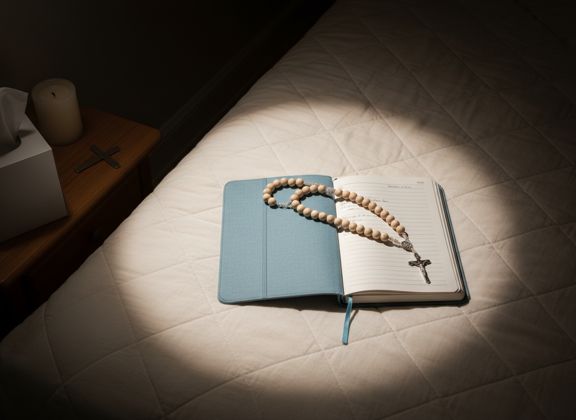 A tranquil scene representing Catholic counseling for women in distress: a modest, light-blue prayer journal lies open on a quilted cream bedspread, with a rosary made of pale wooden beads draped across one page and a tissue box discretely placed nearby. A small, unlit white candle and a simple metal cross sit on a nearby nightstand, partially visible, suggesting spiritual support during late-night worry. Soft, diffused lamplight creates a warm, intimate circle of light, leaving the edges of the room gently in shadow. Photographic realism with an overhead, slightly angled view and a calm, introspective mood, emphasizing privacy, tenderness, and the possibility of comfort amid marital struggles, without any human presence.