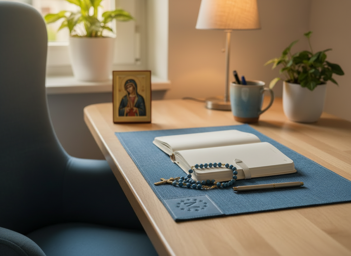 A warm, inviting Catholic counseling office desk scene with clearly Marian imagery: a small statue or icon of the Virgin Mary, Marian blue and gold accents, soft natural light, calm and professional atmosphere, photographic style